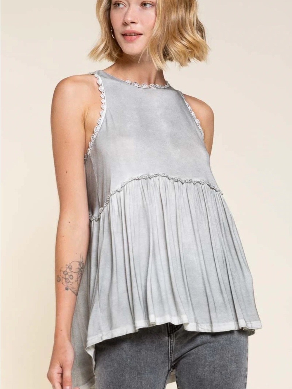 POL Sweet & Simple Babydoll Top Pleated Halter Tank with Scalloped Trim